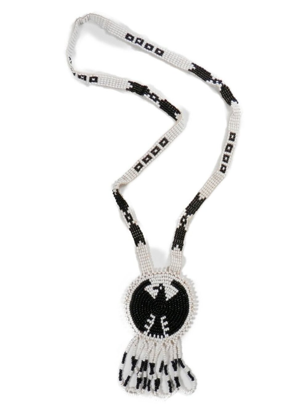 Vintage Hand Beaded Native American Thunderbird Medallion Necklace Black White